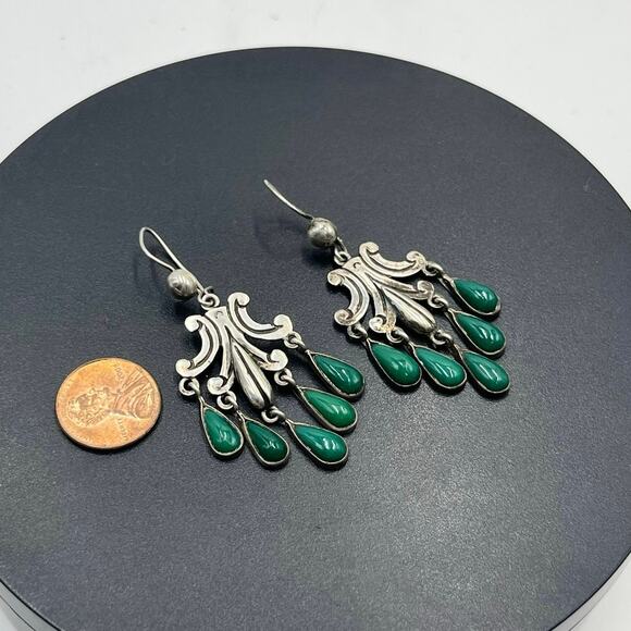 John H. Peckham, Sterling Mexico Green Stone Cabochon Chandelier Earrings Navajo - Picture 2 of 11